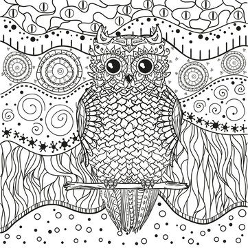 Mandala with owl. Design Zentangle. Hand drawn abstract patterns on isolation background. Design for spiritual relaxation for adults.  Black and white illustration for coloring. Zen art. Decorative