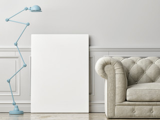 Mock up poster with sofa and lamp, 3d illustration