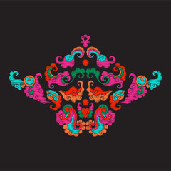 Embroidery vintage decorative elements in asian style on black background. Stock vector illustration.