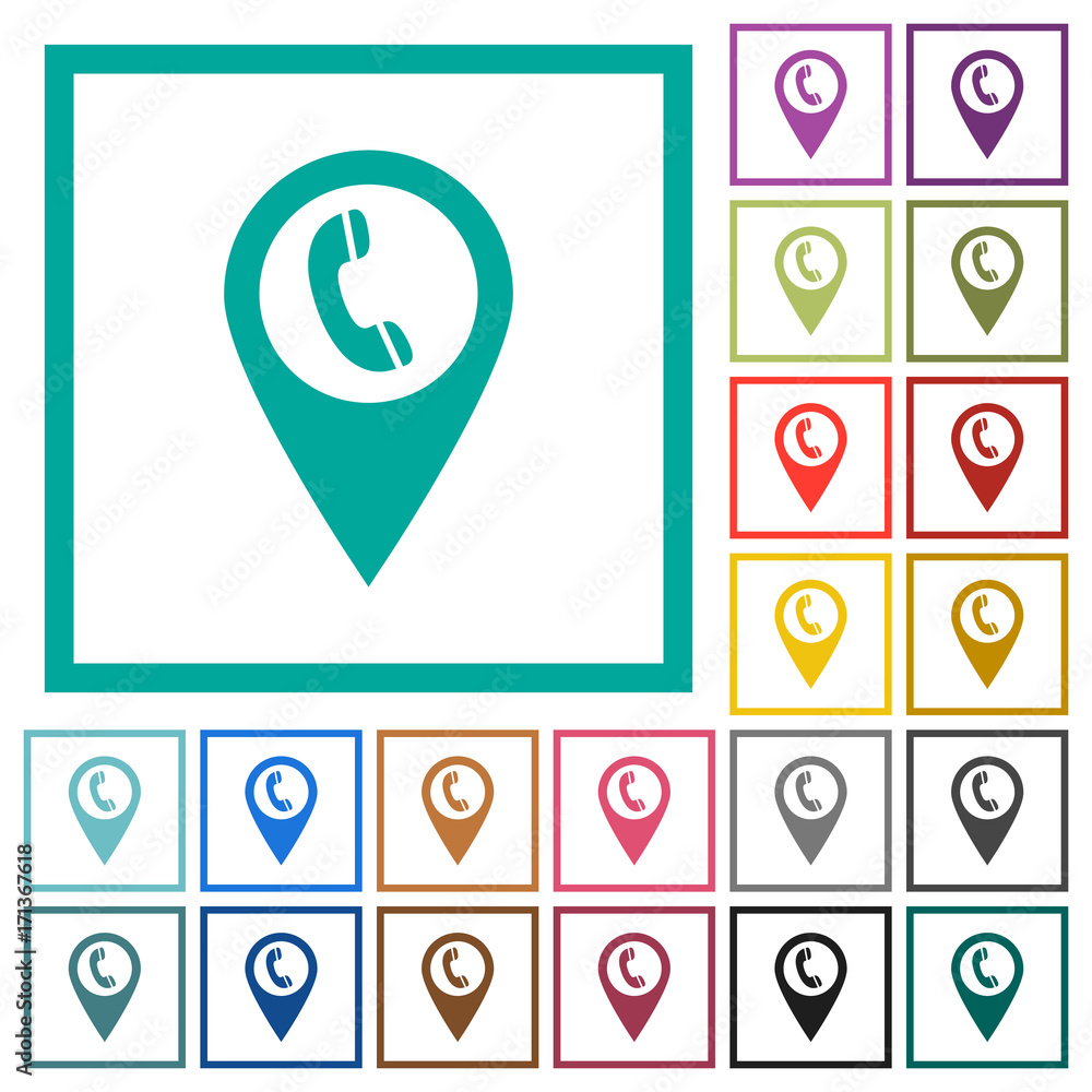 Poster call box gps map location flat color icons with quadrant frames