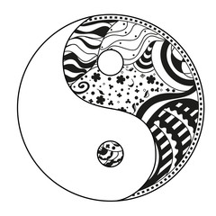 Yin and Yang. Zentangle. Hand drawn mandala on isolation background. Design for spiritual relaxation for adults. Line art creation. Black and white illustration for coloring. Zen art