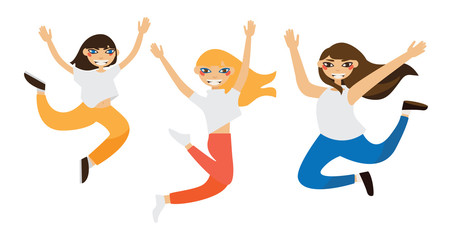 Lovely girls jumping in flat style isolated on white. Vector illustration