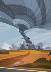 Fototapeta na wymiar Tornado In Countryside Hurricane Landscape Of Storm Waterspout Twister In Field Natural Disaster Concept Flat Vector Illustration