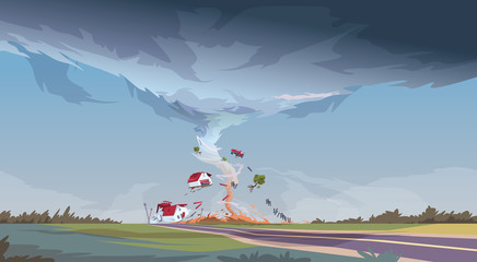 Tornado In Countryside Hurricane Landscape Of Storm Waterspout Twister In Field Natural Disaster Concept Flat Vector Illustration - obrazy, fototapety, plakaty
