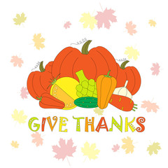 Typography flat design banner Give thanks for Thanksgiving day with vegetables and maple leaves on light blue stock vector illustration