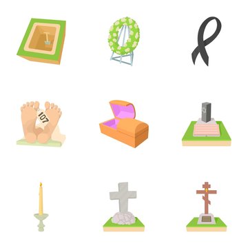 Cemetery icons set, cartoon style