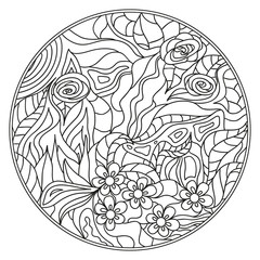 Mandala. Zentangle. Hand drawn circle zendala with abstract patterns on isolation background. Design for spiritual relaxation for adults. Line art creation. Black and white illustration for coloring.