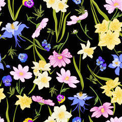 Colored floral seamless pattern with flowers in botanical style on a black background. Stock line vector illustration.