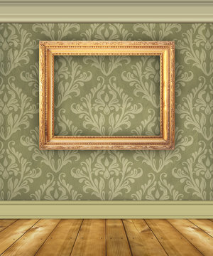 Green Damask Wall With Empty Picture Frame