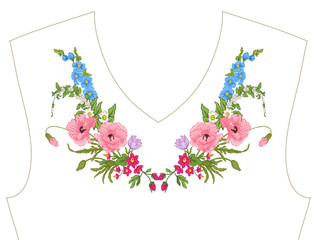 Embroidery. Embroidered design elements with summer bouquet in botanical style on a white background. Good for neckline. Stock vector illustration.