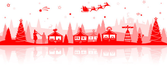 Fototapeta premium Weihnachten Weihnachtsmarkt Silhouette rot mit Weihnachtsbaum, Weihnachtsmann Schlitten und Sterne