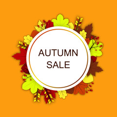 Autumn sale Vector illustration Trendy banner for web, stores, White round frame decorated with yellow, red and brown leaves of maple, chestnut, ash and other trees with the inscription Autumn sale