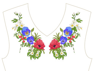 Embroidery. Embroidered design elements with summer bouquet in botanical style on a white background. Good for neckline. Stock vector illustration.