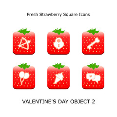 Set Valentines Day Objects 2 Fresh Strawberry Square Icons Web Designers Mobile User Interface Designers