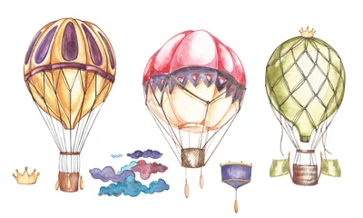 Fototapete Aquarell Luftballons Set von Heißluftballons und Luftschiffen, Aquarellillustration.