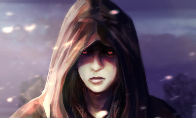Illustration of a fantasy woman face in hood with glowing eyes and blue landscape background. © breakermaximus