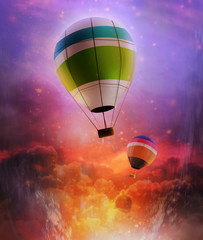 Illustration of three flying balloons in evening red & blue fluffy skies.