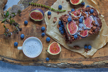 Chocolate dessert with figs and blueberries