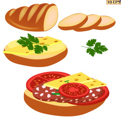 Sandwich with butter, sausage, cheese, tomatoes, parsley. Tasty sandwich with sausage. Fresh sandwich for breakfast. Bread with sausage. Bread with cheese. Sliced bread. Fast food. Vector.
