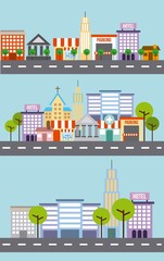 set of city building street tree architecture vector illustration