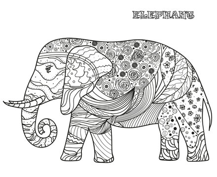 Elephant. Design Zentangle. Hand drawn elephant with abstract patterns on isolation background. Design for spiritual relaxation for adults.  Black and white illustration for coloring. Zen art