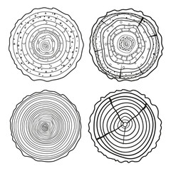 Fototapeta premium Tree rings. Set of cross section of the tree.Set of tree rings on isolation background. Conceptual graphics. Line art. Objects for design. Decorative style.Outline for printing, posters and other