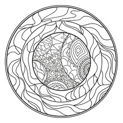 Zendala. Zentangle. Hand drawn circle mandala with abstract patterns on isolation background. Design for spiritual relaxation for adults. Line art creation. Black and white illustration for coloring.