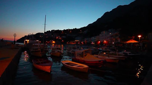 Small Village Mimice and Beach near Omis in the night, Dalmatia, Croatia 