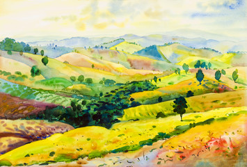 Watercolor landscape original painting colorful of mountain