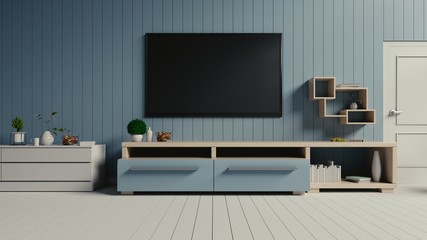 TV on the blue wall in modern living room,3d rendering