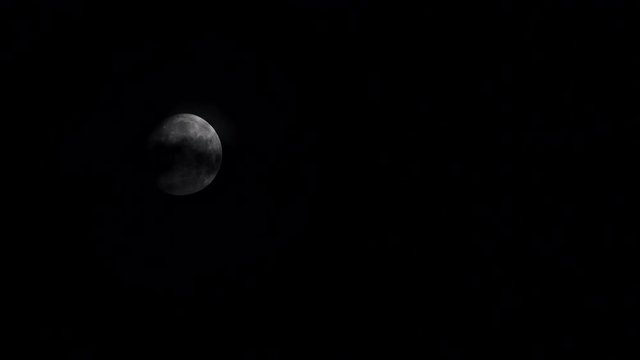 Full moon at night on dark black sky behind moving clouds, moonlight 4K ProRes HQ codec