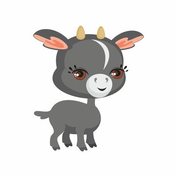 The image of cute goat in cartoon style. Vector children’s illustration.