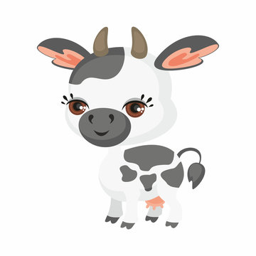The image of cute cow in cartoon style. Vector children’s illustration.