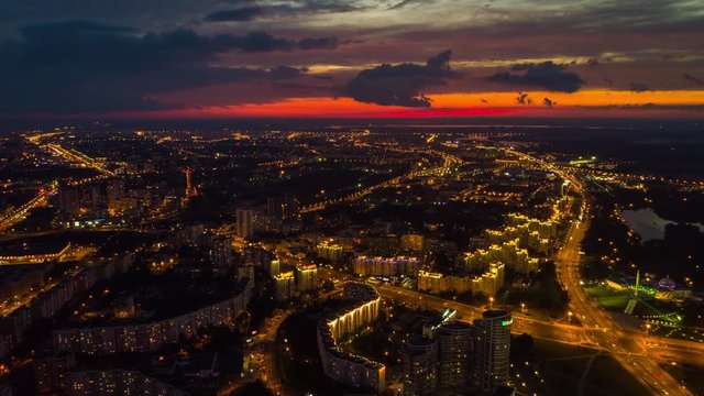 sunset time sky minsk cityscape extra high aerial panorama 4k belarus
