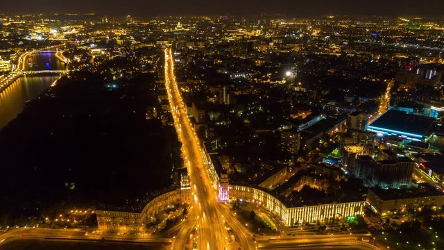 night illumination moscow city traffic junction interchange aerial panorama 4k russia
