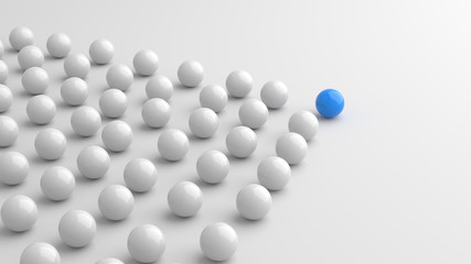 Leadership concept, blue leader ball, standing out from the crowd of white balls, on white background. 3D rendering