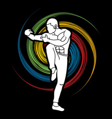 Drunken Kung fu pose designed on spin wheel background graphic vector.