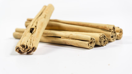 Fresh raw cinnamon sticks on white background