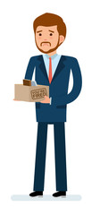 Ready to use character creation set. Getting fired. Businessman holding a box with his stuff. Business, office work, workplace. Flat design vector illustration.