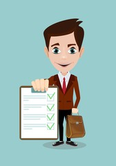 Businessman answers questions of interview. Concept of survey, questionnaire. Vector, illustration