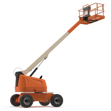 Orange Telescopic Boom Lift On White. 3D Illustration