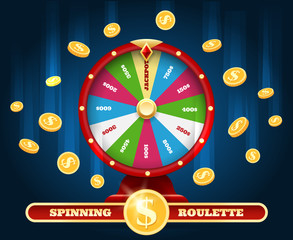 Jackpot lucky wheel and winner money rain. Spinning luck roulette lottery game Winning background vector illustration
