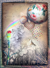 Cartolina vintage,vecchia maniera con garofano rosso arcobaleno,colomba e cuore a pois