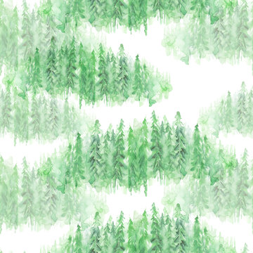      Seamless watercolor pattern, background. green spruce, pine, cedar, larch, abstract forest, silhouette of trees. 