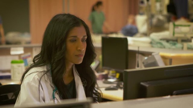 Female doctor works at a computer in a busy hospital.