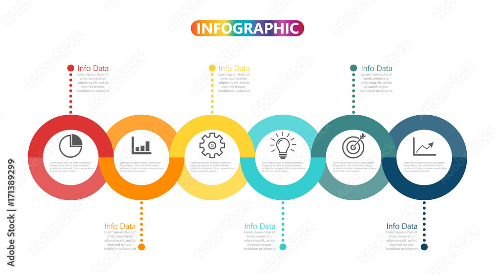 Poster template timeline infographic colored horizontal numbered for six position can be used for workflow,