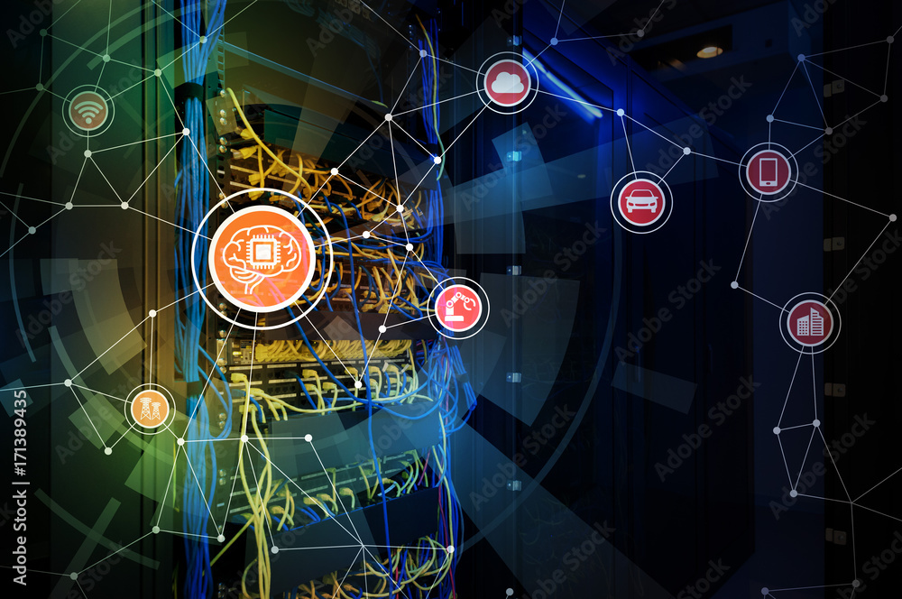 Poster ai(artificial intelligence) concept. network server and various industries.