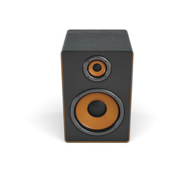 Obraz premium 3d rendering of a large black stereo box with two round speakers on white background.