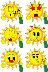 Cartoon sun holding a bottle. Collection with various facial expressions. Vector set.