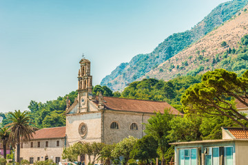 Church in the mountains around the town Prcanj in Kotor bay. Montenegro.
